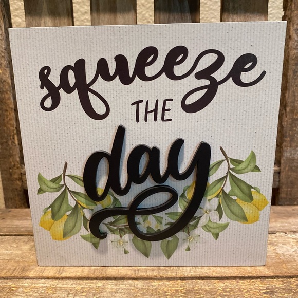 Squeeze The Day Lemon Block Wood Sign For Tier Trays, Tabletop or Shelf, Lemon - Picture 3 of 12